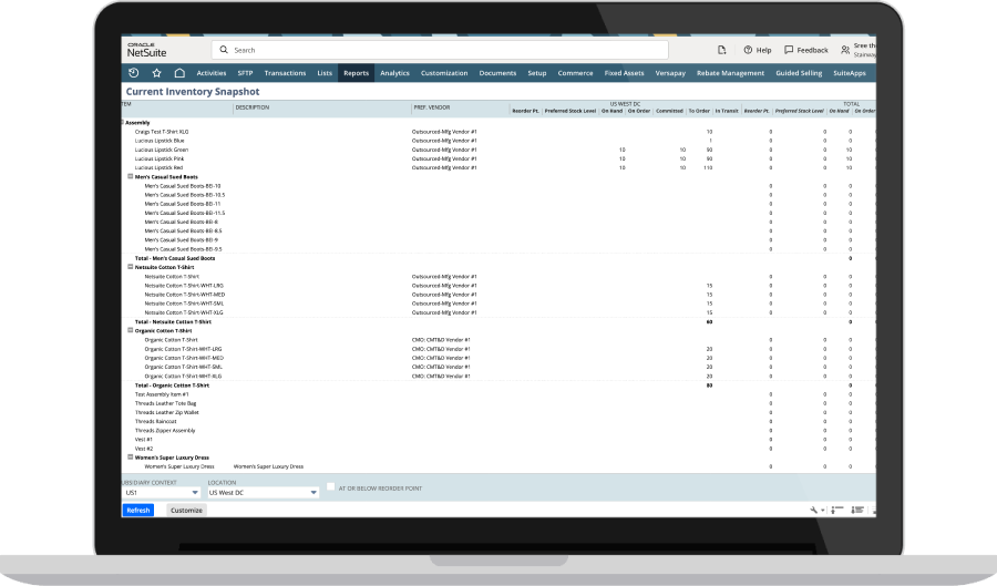 NetSuite's Current Inventory Snapshot dashboard
