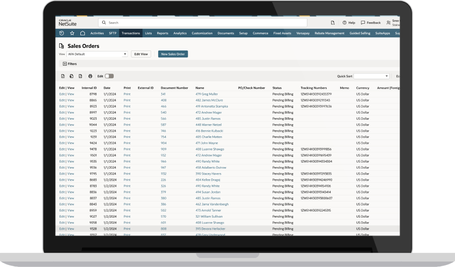 NetSuite Sales Order list page dashboard