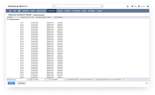 NetSuite sales by customer detail page