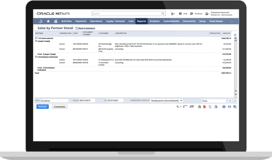 NetSuite sales by partner retail dashboard