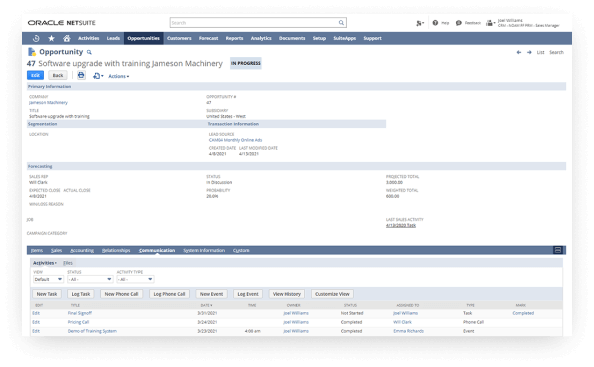 NetSuite opportunity screen