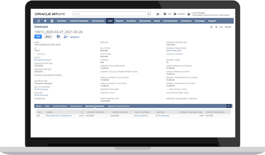 NetSuite contract renewals screen