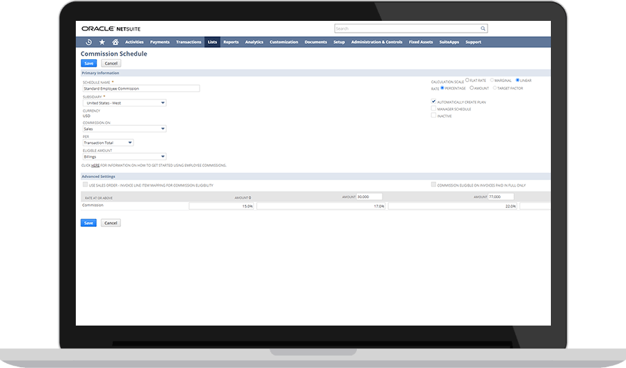 NetSuite commission schedule screen