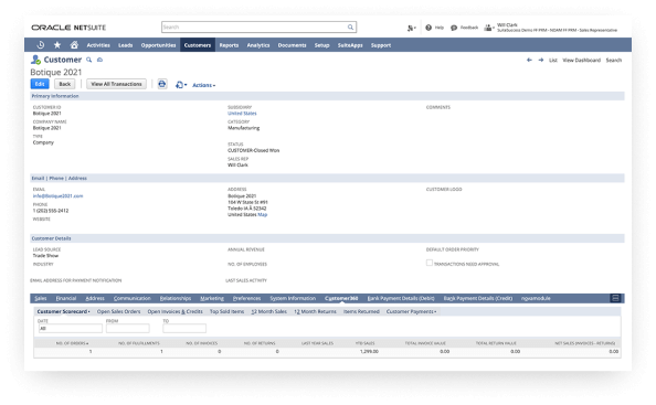 NetSuite customer information screen