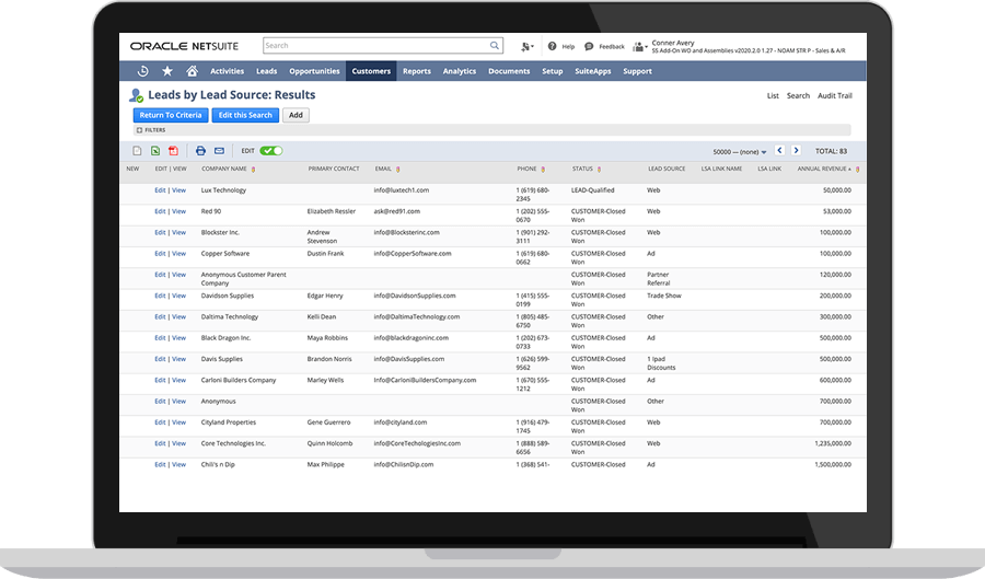 NetSuite leads by lead source results dashboard