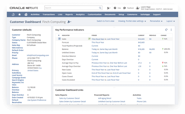 NetSuite's customer dashboard