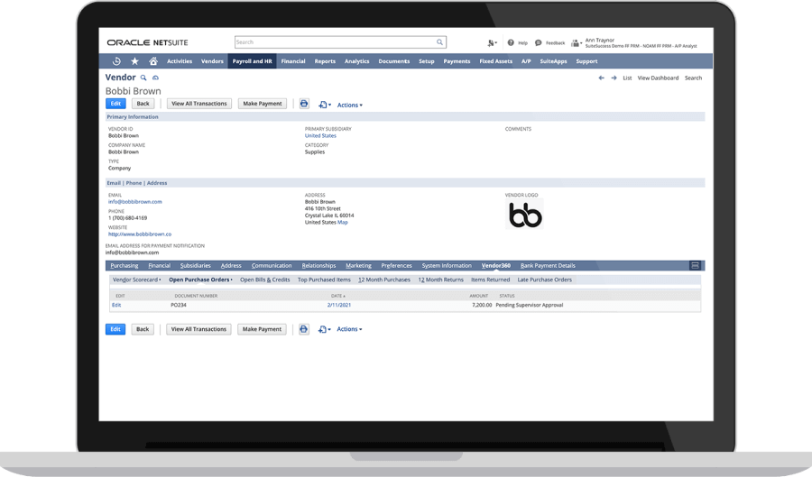 NetSuite Vendor Records dashboard