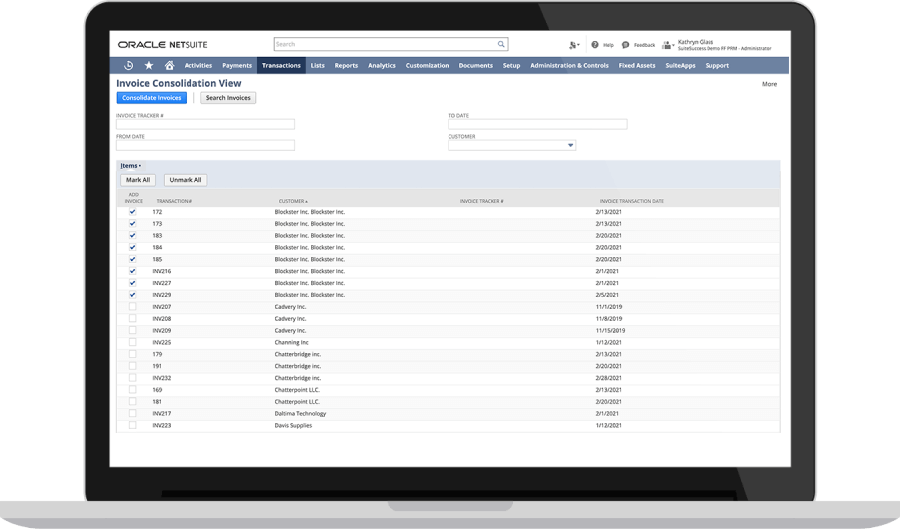 NetSuite Invoice Grouping dashboard