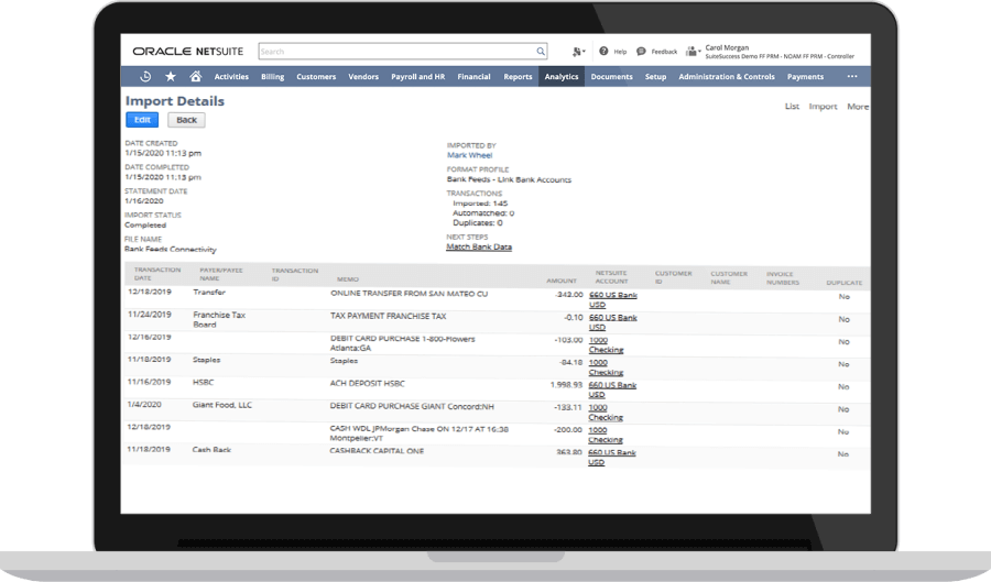 NetSuite Banking Integration dashboard