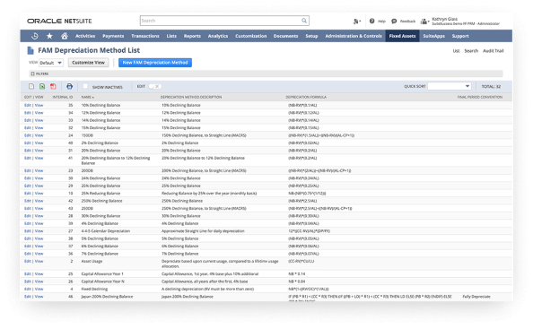 NetSuite Fixed Assets Management dashboard