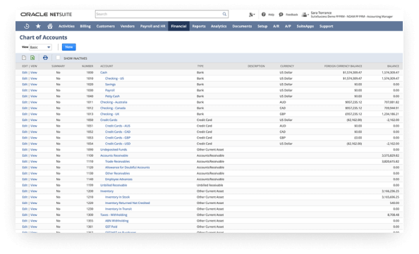 NetSuite chart of accounts dashboard