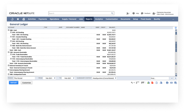 NetSuite General Ledger dashboard