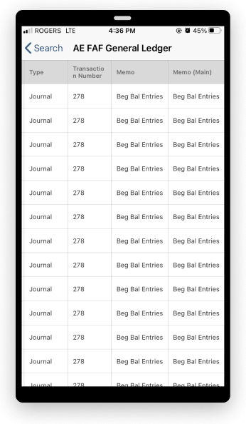 NetSuite general ledger mobile dashboard