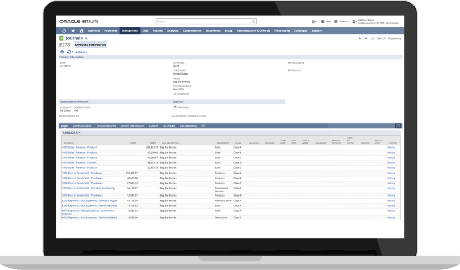 NetSuite journal dashboard