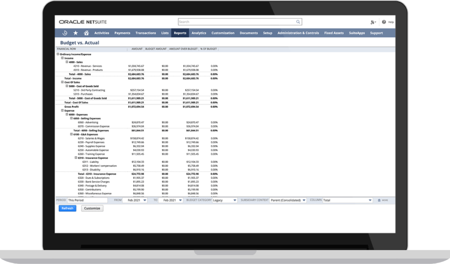 NetSuite Budget Tracking dashboard