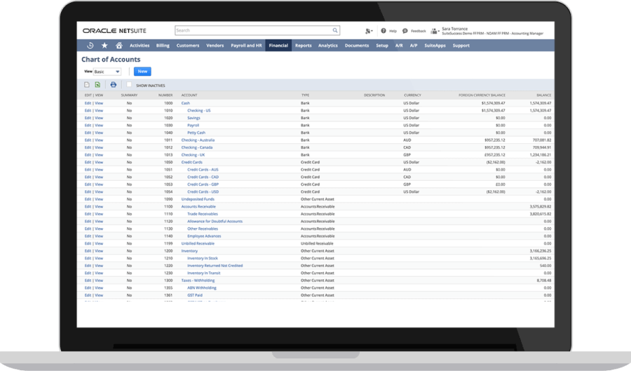 NetSuite Chart of Accounts dashboard