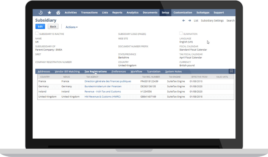 NetSuite Multiple Currencies & Tax Structures dashboard