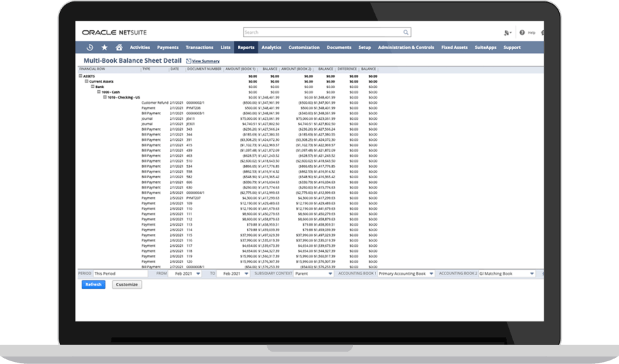 NetSuite Multiple Books dashboard