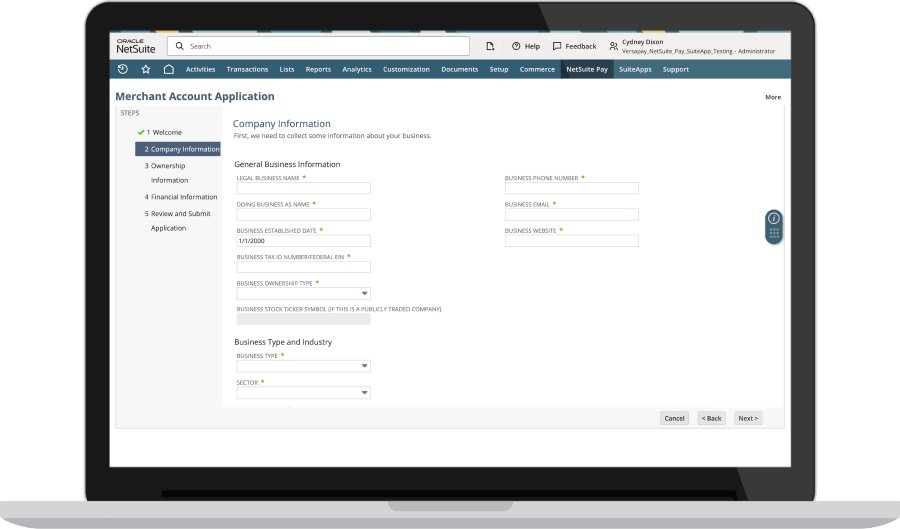 NetSuite Pay dashboard