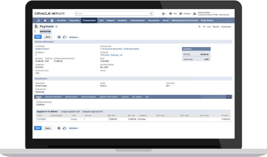 NetSuite Payment Management dashboard