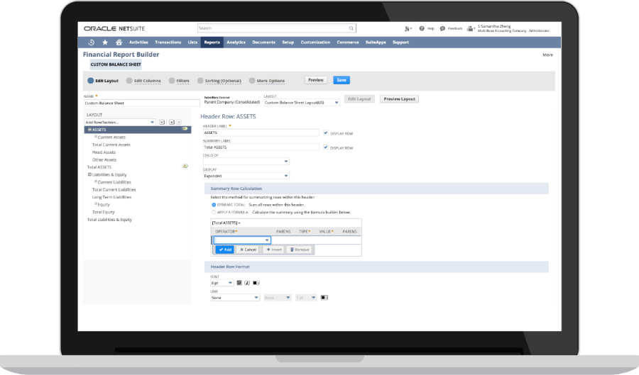 Configurable Financial Reports dashboard.