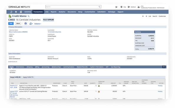 NetSuite Returns Management dashboard