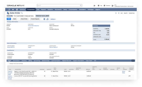 Screenshot of NetSuite Sales Order dashboard.