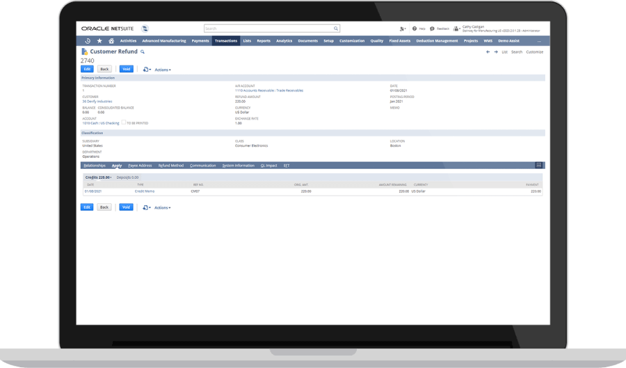 Customer Refund Management dashboard on NetSuite.