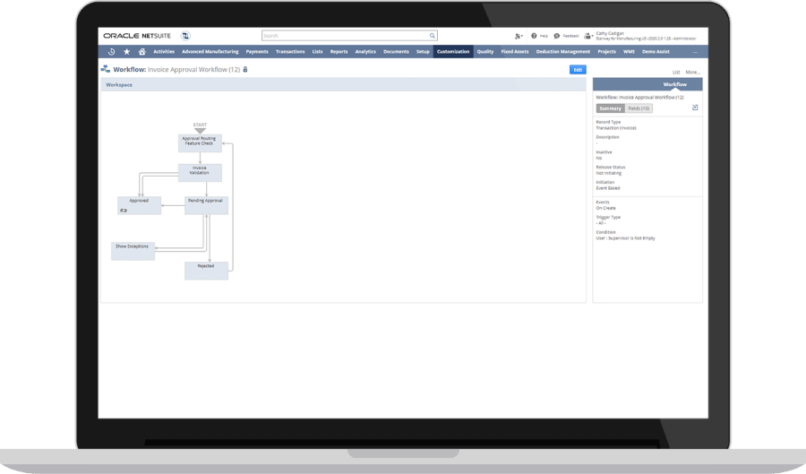 Screenshot. NetSuite customisable approval workflows dashboard.