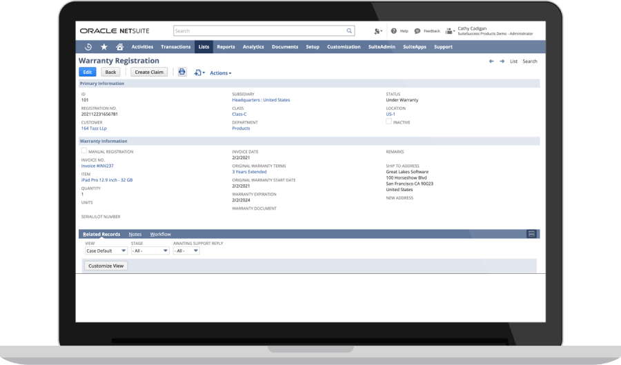 Warranty & Repair dashboard on NetSuite.