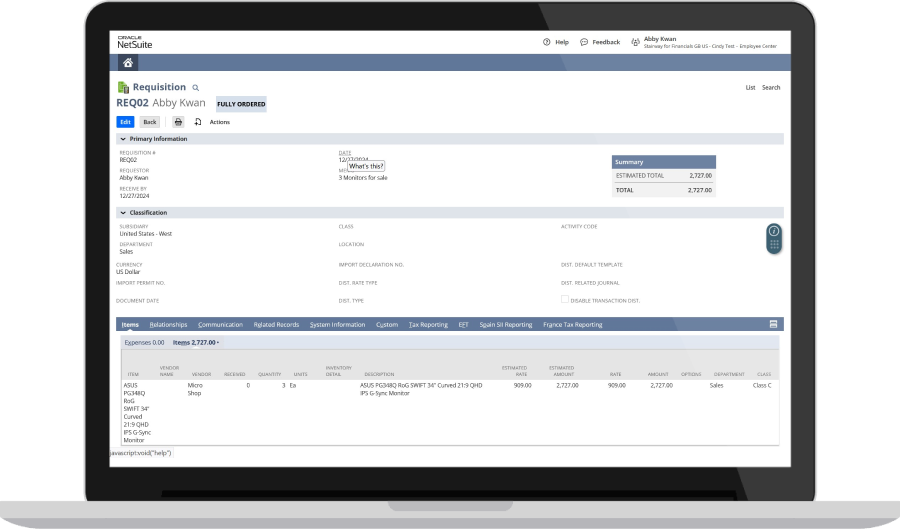 purchase requisition screenshot
