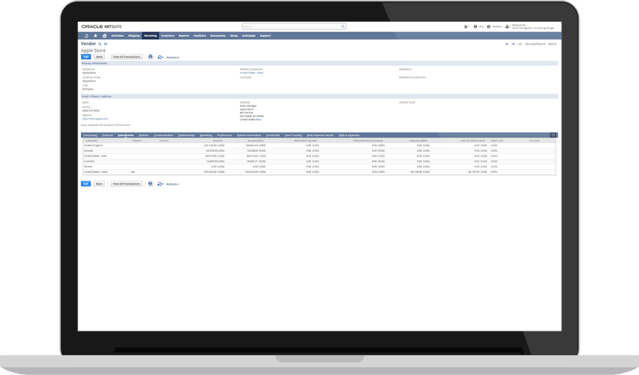 NetSuite Multi-Subsidiary Vendor page