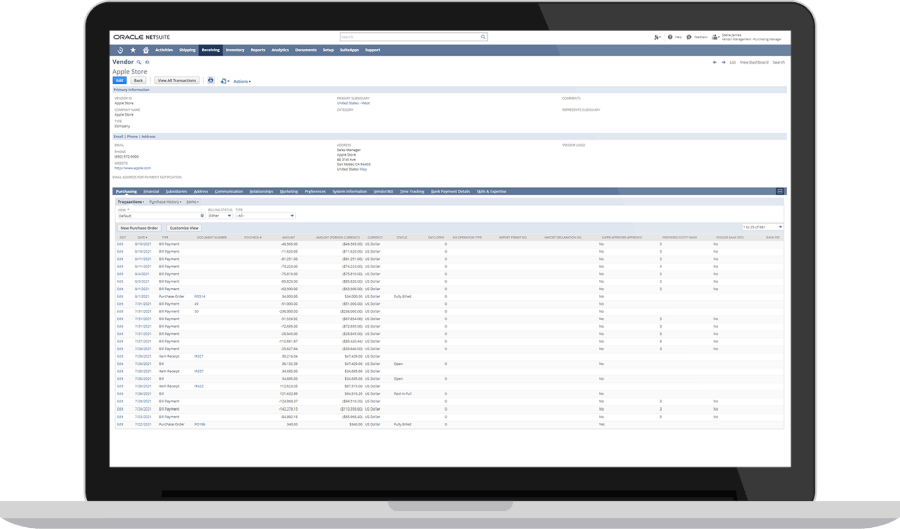 NetSuite vendor details page