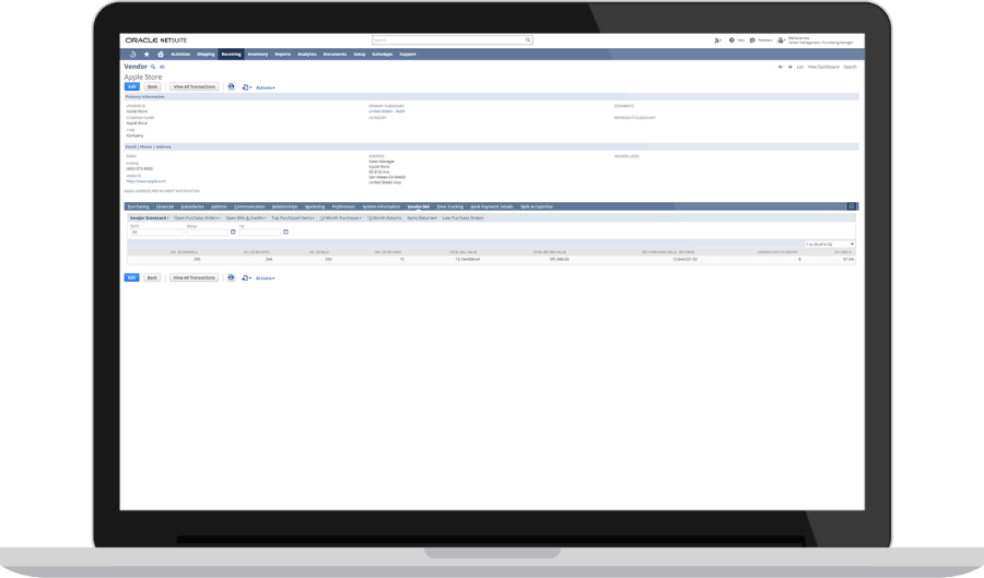 NetSuite vendor scorecard page