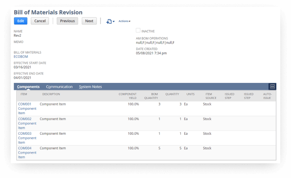 NetSuite Bill of Materials Revision screen