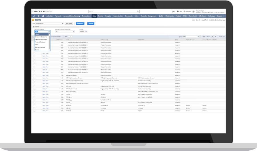 NetSuite Items page