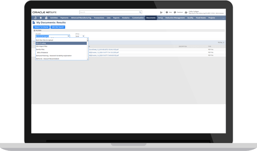 NetSuite My Documents results page