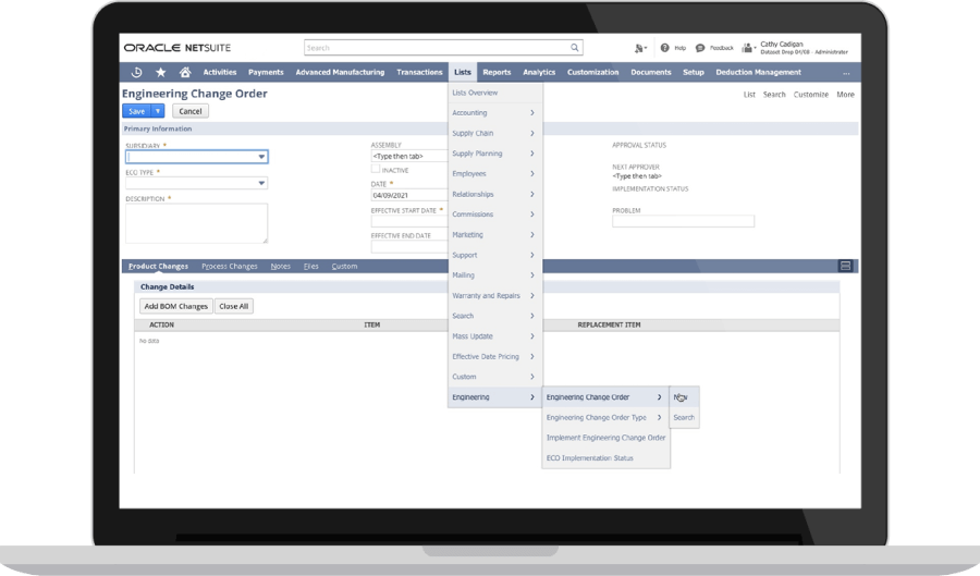 NetSuite Engineering change order form page