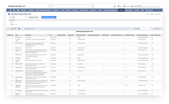 NetSuite quality inspection list dashboard