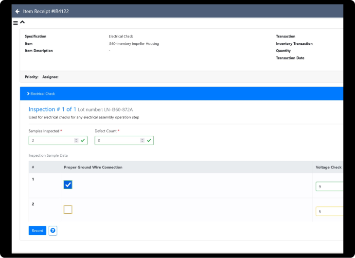 NetSuite item inspection dashboard on a tablet screen