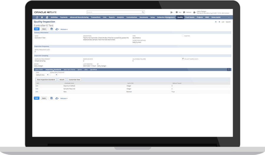 NetSuite quality inspection controller test dashboard