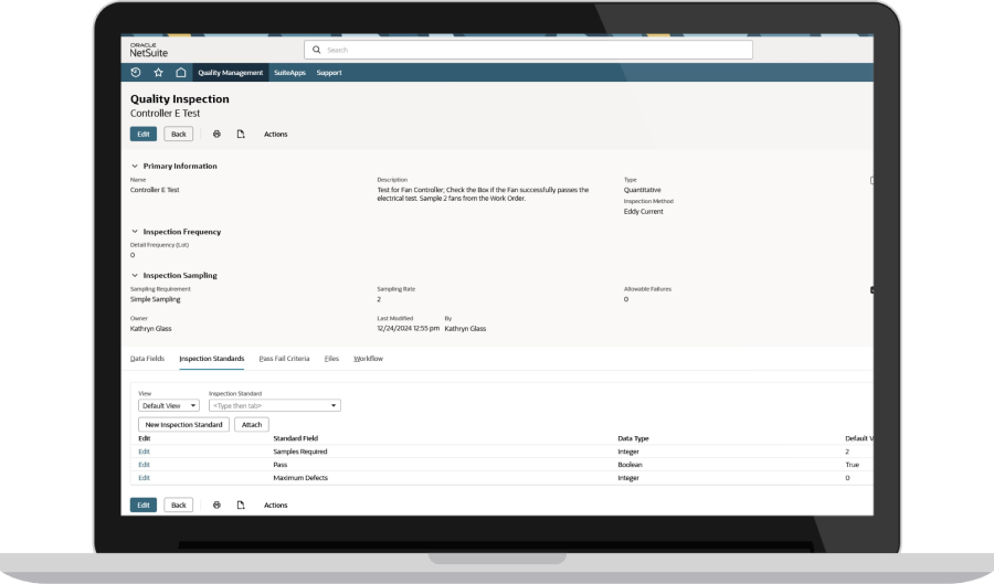 NetSuite quality inspection controller test dashboard