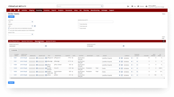 NetSuite order items - planned orders list dashboard