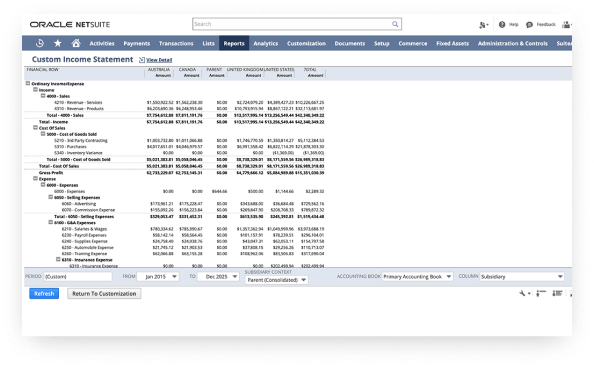 NetSuite income statement dashboard