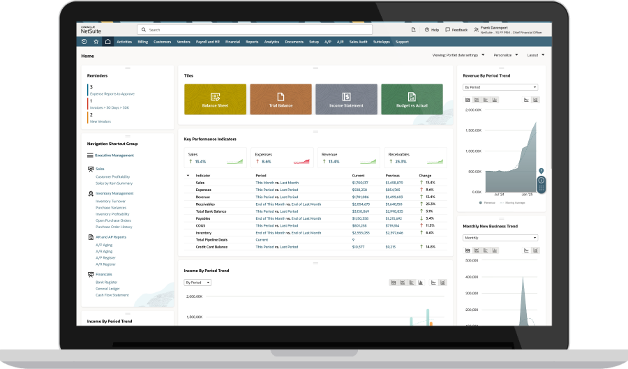 NetSuite financial management dashboard