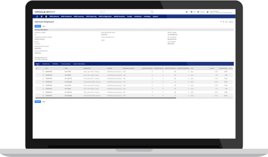 NetSuite Inbound shipment record dashboard