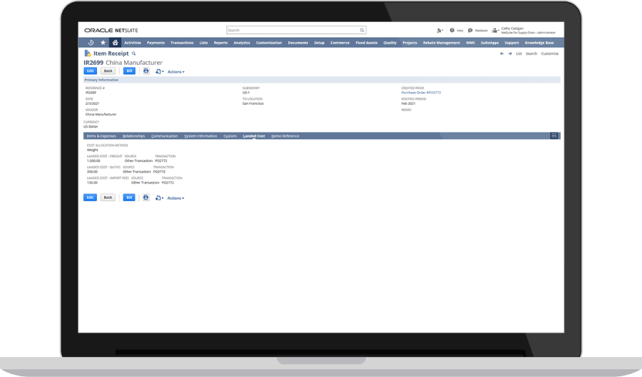 NetSuite item receipt page