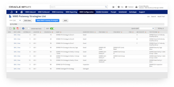 NetSuite WMS putaway strategies list dashboard