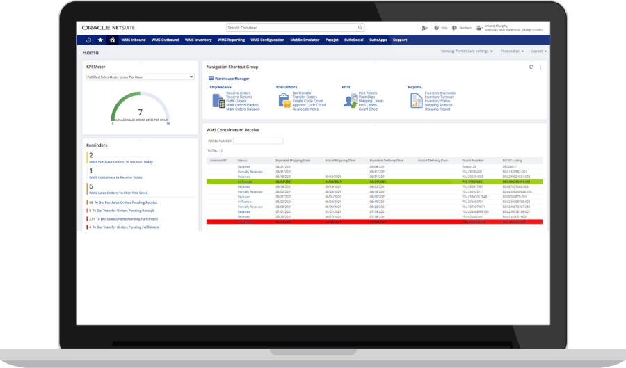 NetSuite Container Tracking dashboard