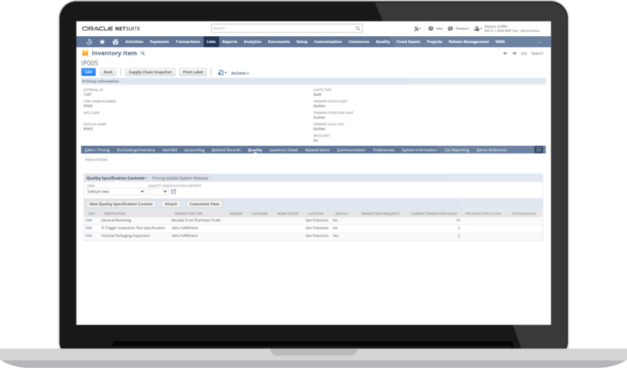 NetSuite Quality Assurance dashboard